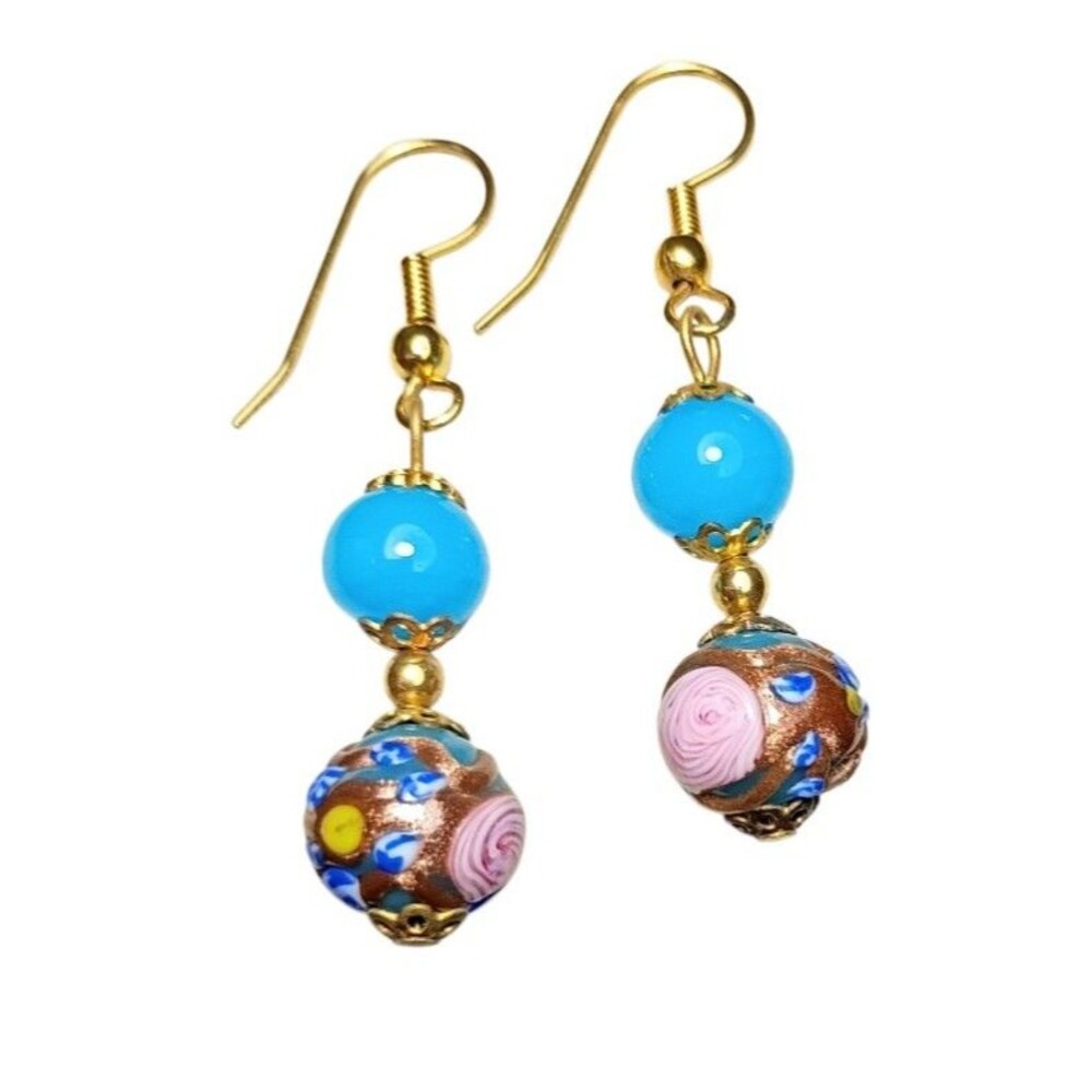 Vintage Venetian Murano Glass Wedding Cake Bead Dangle Earrings